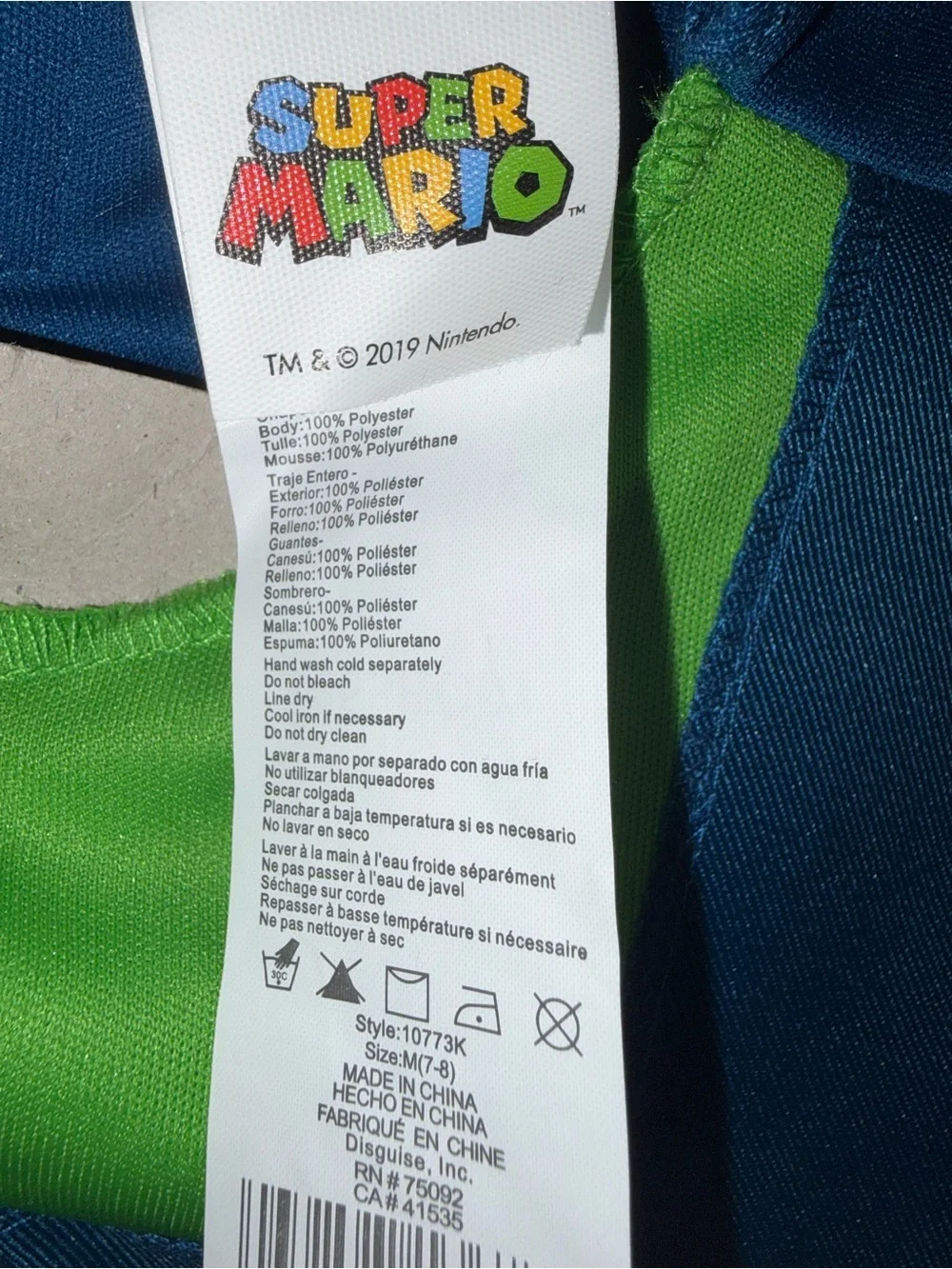 Super Mario Luigi Costume Blue/Green Hat & Gloves Boys M (7-8) 10773K